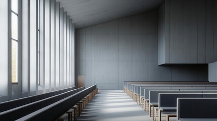 Fototapeta premium A brutalist lecture hall with exposed concrete and sharp angles, Neo Brutalism, lecture hall, sharp