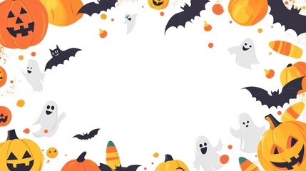 Fototapeta premium Picture a Halloween wallpaper with a white background, decorated with orange along the edges. Traditional Halloween symbols like jack-o'-lanterns and bats sit on either side, with candy corn and frien