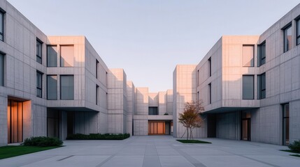 Obraz premium A brutalist university campus with blocky concrete buildings and open courtyards, Neo Brutalism, university campus, blocky