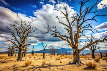 Obraz premium Dead trees with bare branches stand amidst a barren landscape, ravaged by an environmental plague, with a few withered leaves clinging to lifeless trunks.