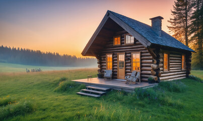 A cozy log cabin sits on a grassy field at sunset with a forest in the background