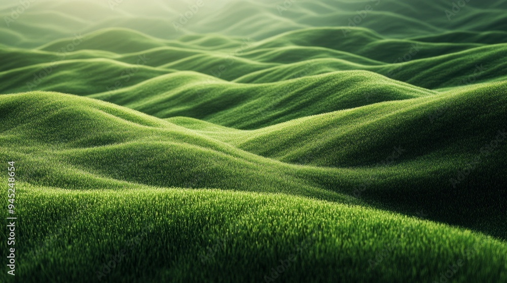Poster a lush green field with rolling hills and a bright sun shining down on it