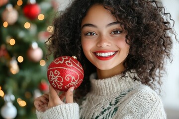 Fototapeta premium A cheerful woman wearing a knit sweater holds a red Christmas ornament in front of a lit Christmas tree, exemplifying festive joy and holiday spirit.