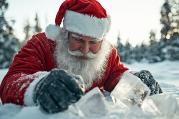 Fototapeta premium A person in a Santa outfit with a white beard is playing with large blocks of ice in a snowy landscape, surrounded by snowy trees, representing holiday cheer.