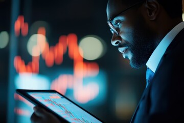 Intense Focus: African American Male Adviser Analyzing Stock Charts on Digital Tablet