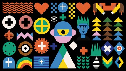 Fototapeta premium Colorful collection of abstract geometric shapes and modern icons