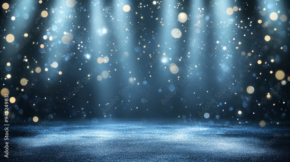 Poster digital dark blue background with sparkling blue light particles and deep areas with deep depths. li