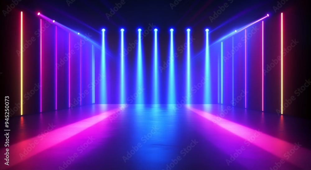 Poster the background of an empty stage show is lit up with neon lights and lasers. abstract dark backgroun