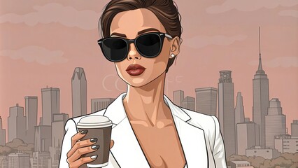 Elegant woman with coffee enjoying cityscape in stylish sunglasses