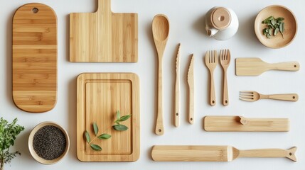 The image depicts a luxurious kitchen with utensils neatly arranged on a wooden table, surrounded by stylish furniture and decor, showcasing a modern interior design