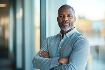 Obraz premium Confident African American Male Consultant Standing by Modern Office Window with Arms Crossed