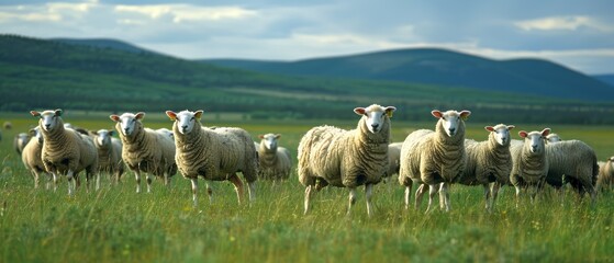 Obraz premium Idyllic Scene of a Grazing Herd of Sheep on Lush Green Pasture under Clear Blue Sky