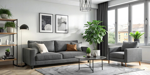A bright Scandinavian-style living room with a white sofa, armchairs, wooden coffee table, and green plants. The space is filled with natural light, creating a cozy and airy atmosphere