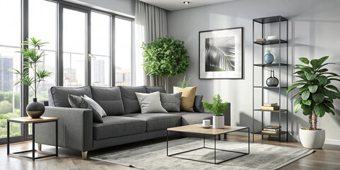 A bright Scandinavian-style living room with a white sofa, armchairs, wooden coffee table, and green plants. The space is filled with natural light, creating a cozy and airy atmosphere