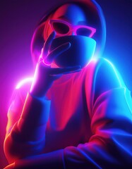 Futuristic woman with red lipstick enjoying a coffee in neon light