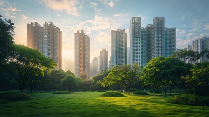Obraz premium Urban Oasis: Skyscrapers and Lush Greenery