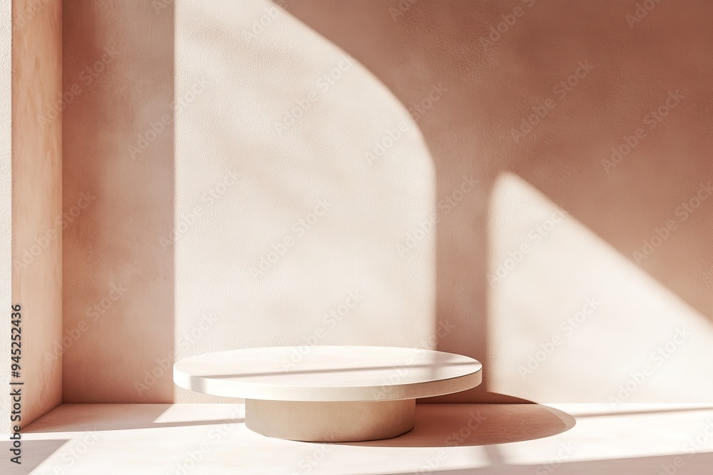 Poster 3d rendering of an empty shelf or counter in front of a white wall background with natural light com
