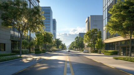 A street with a car driving down it and trees lining the sides