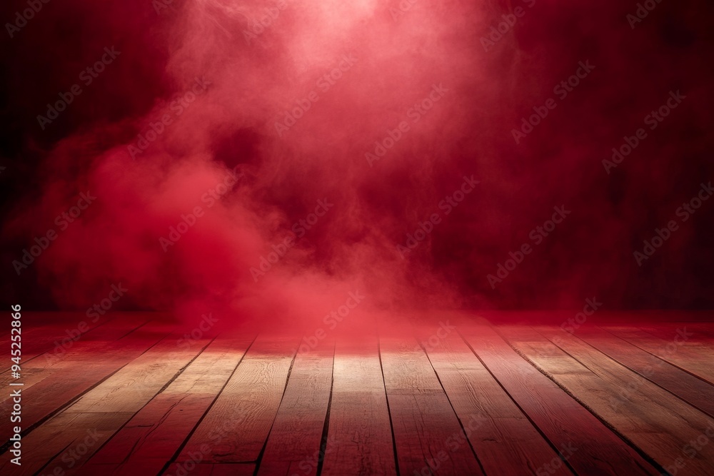 Wall mural an empty wooden table with red smoke floating up against a dark background