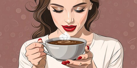Illustration of a woman enjoying a warm cup of coffee with red lipstick