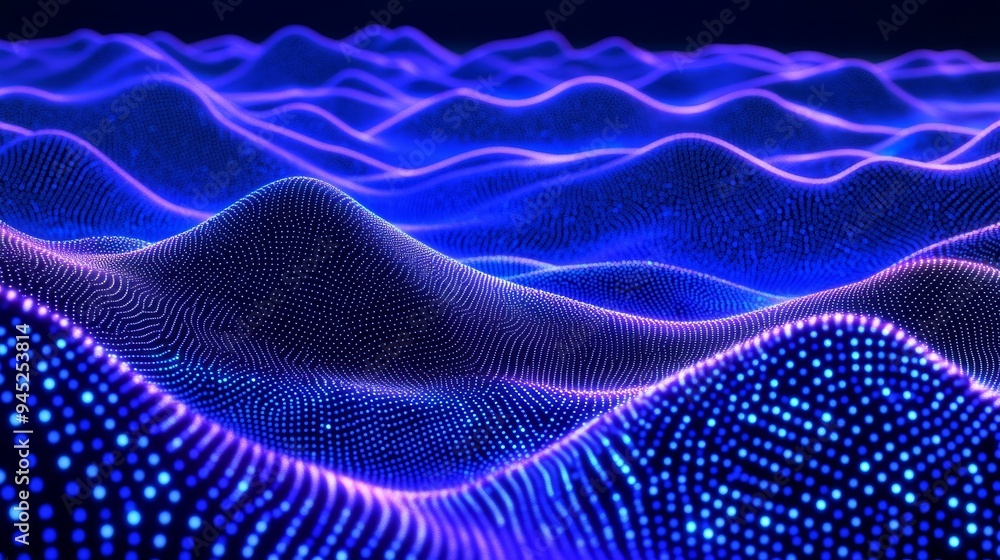 Poster background with futuristic blue hexagons. perspective of waves of particles. 3d rendering. data tech