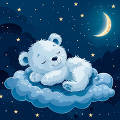 A cute sleeping white bear on the clouds. Delicate coloring. Textile design for newborns.