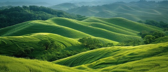 Idyllic Rolling Hills: Peaceful Landscape of Lush Green Grass under Clear Blue Sky