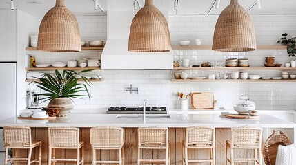 Obraz premium Modern kitchen with natural elements and woven pendant lights.