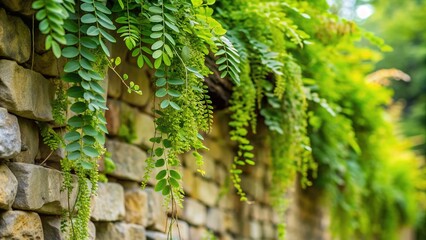 Delicate, lacy fronds of wall rue plants cascade down a rustic stone wall, creating a soft, serene, and romantic atmosphere in a charming outdoor setting.