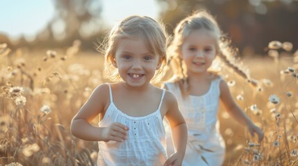 Young girls running in a meadow