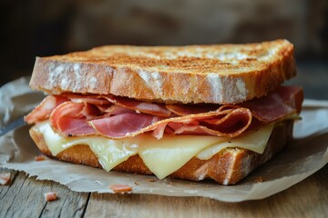 Delicious Gourmet Ham and Cheese Sandwich on Rustic Wooden Background