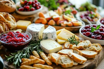 Colorful Gourmet Food Spread with Cheese, Bread, and Fresh Fruits for Catering Events