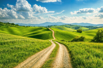 Fototapeta premium Winding dirt road through green hills on a bright summer day in the countryside