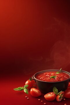 Fresh tomato sauce simmering in a black pot with basil leaves on a vibrant red background