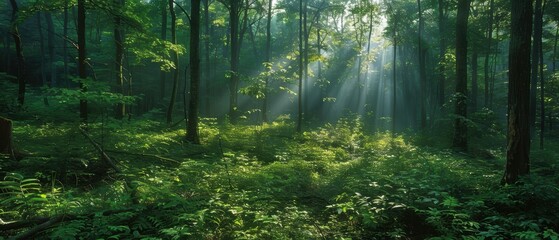 Fototapeta premium Serene Forest Canopy with Sun Rays - Tranquil Nature Scene in Lush Green Woods