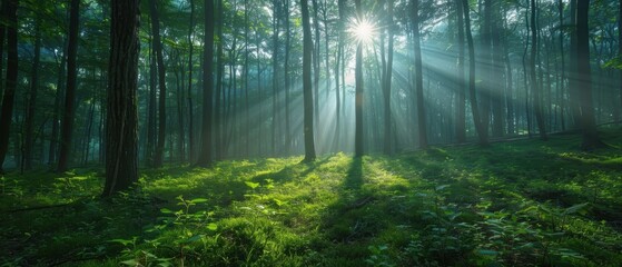 Serene Lush Green Forest with Sun Rays Peeking Through Trees