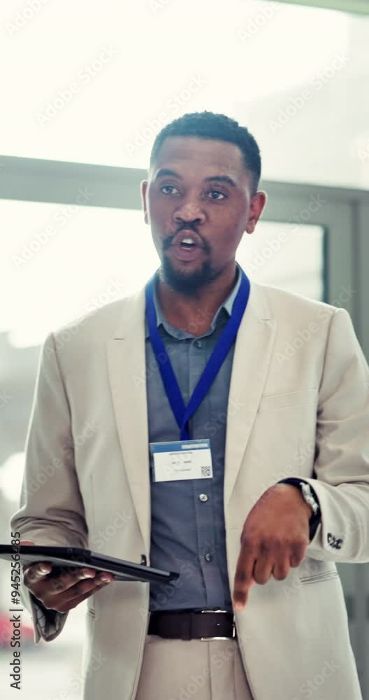 Poster presentation, business and man with tablet, corporate training and communication with digital app. e
