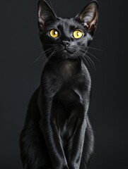 A striking portrait of a black cat with bright yellow eyes against a dark background.