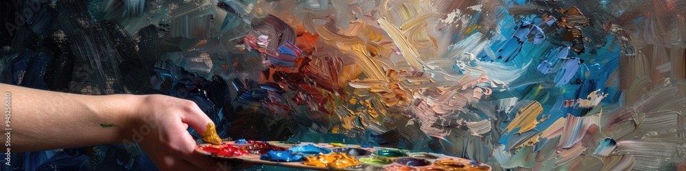 Poster a gentle hand grasping a palette brimming with a vibrant array of oil paints, ready to mix colors an