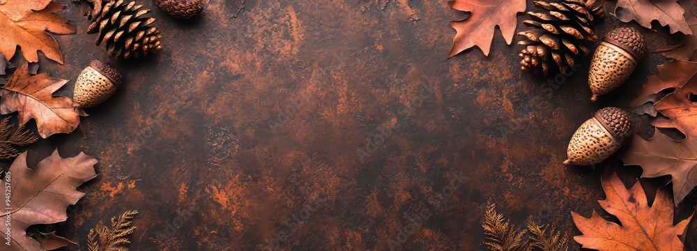 Poster fall leaves, pine cones, nuts, and corner borders in front of a rustic dark banner background. overh