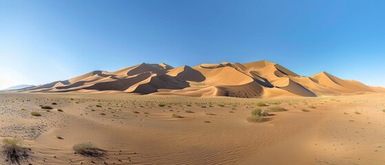 Majestic Desert Scenery: Panoramic View of Rolling Sand Dunes Against Clear Blue Sky