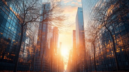 A city street with tall buildings and trees in the background