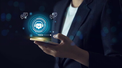 AI Artificial Intelligence. Woman using mobile smart phone chatting with customer service, AI chatbot automatic answering.Digital chatbot, internet bot application, conversation assistant.