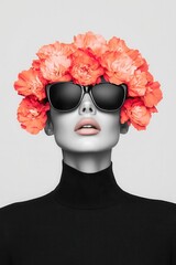A stylish mannequin with a floral crown and sunglasses, showcasing modern fashion and vibrant floral aesthetics.
