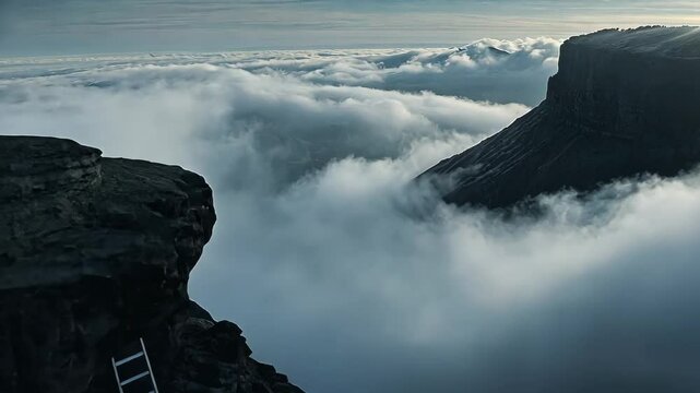 Video footage of dramatic landscape with vast clouds rolling between two imposing cliffs mountain peaks