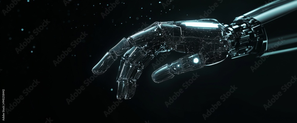 Poster hologram of a digital hand on a dark background with copy space. communication with stock using neur