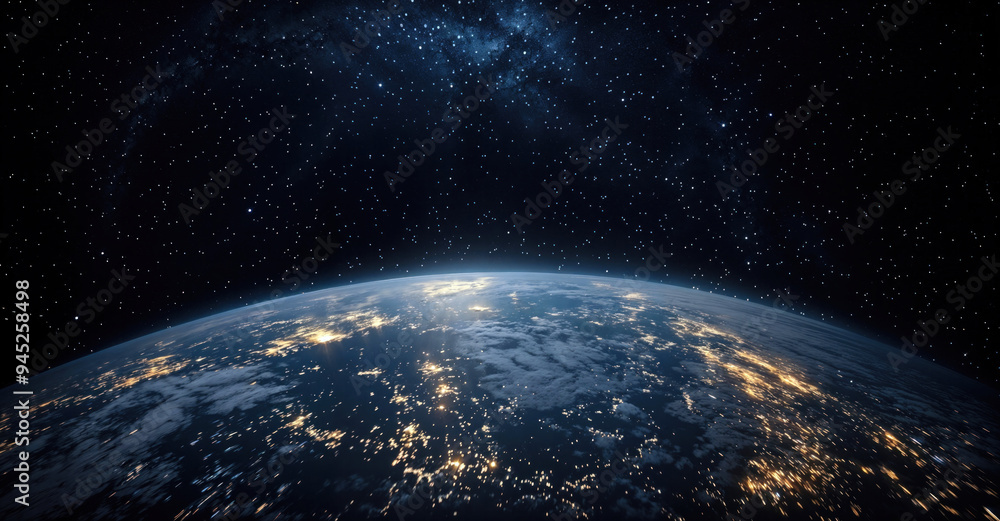 Poster view of earth from space with illuminated cities visible and a starry sky in the background