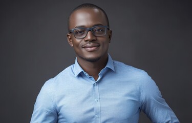 Obraz premium An advertising copy space is shown against a blue backdrop in this portrait of a cheerful businessman