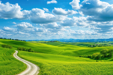 Winding dirt road through green rolling hills under a bright blue sky with clouds in countryside