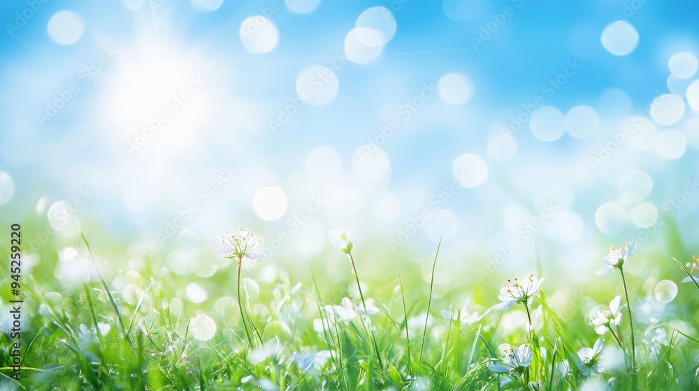 Poster this photo shows a sunny meadow in spring with green grass and blue skies. there is space for text i